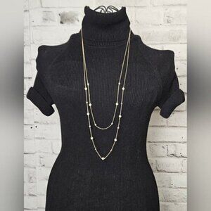 Gold Tone Double Layer Necklace w/ Pearls & Crystal Stations